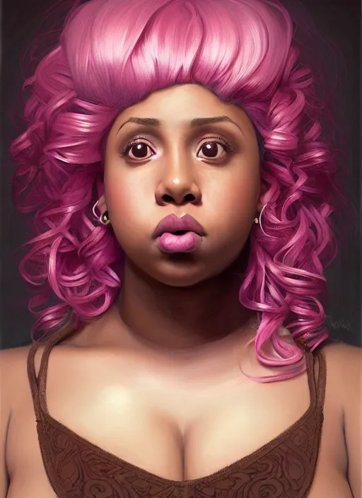 Image similar to full body portrait, teenage vanessa morgan, pink hair, brown skin, obese, curly pixie hair, sultry, realistic, short hair, hoop earrings, skirt, shirt, fat, belly, intricate, elegant, highly detailed, digital painting, artstation, concept art, smooth, sharp focus, illustration, art by wlop, mars ravelo and greg rutkowski