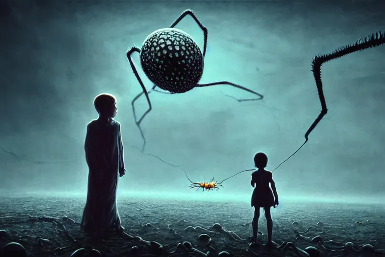 Image similar to realistic detailed photorealistic film portrait shot of a ghost kid playing with giant spider, futuristic sci-fi landscape on background by Denis Villeneuve, Amano, Yves Tanguy, Alphonse Mucha, Ernst Haeckel, Max Ernst, Andrei Tarkovsky, Edward Robert Hughes, Roger Dean, necklace, dynamic pose, rich moody colours, wide angle, blue eyes