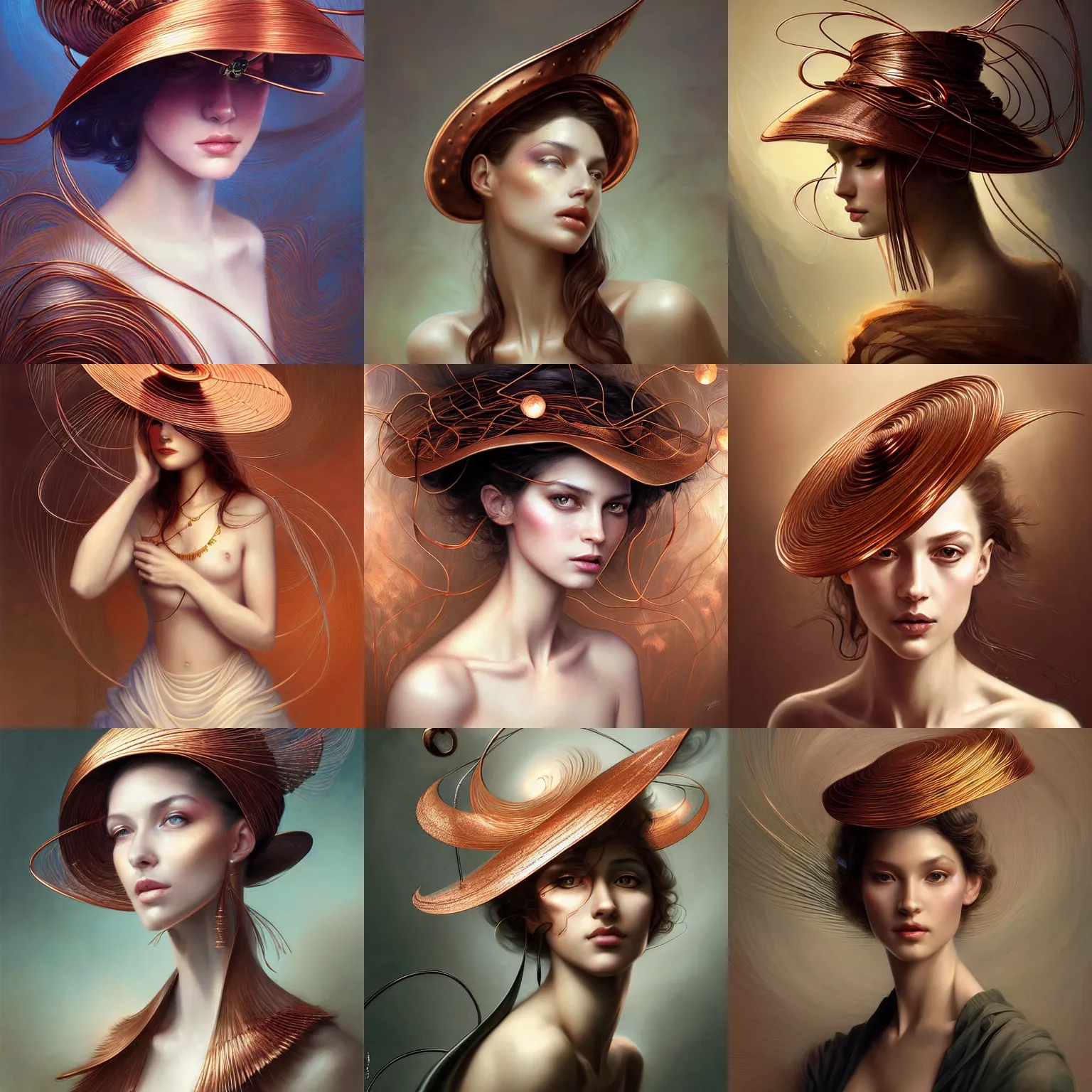 Prompt: generative art beautiful young woman, elegant hat, thin copper wires, ( ( ( fractals ) ) ) digital painting, extremely detailed, 4 k, intricate, brush strokes, janusz jurek! artgerm, peter mohrbacher