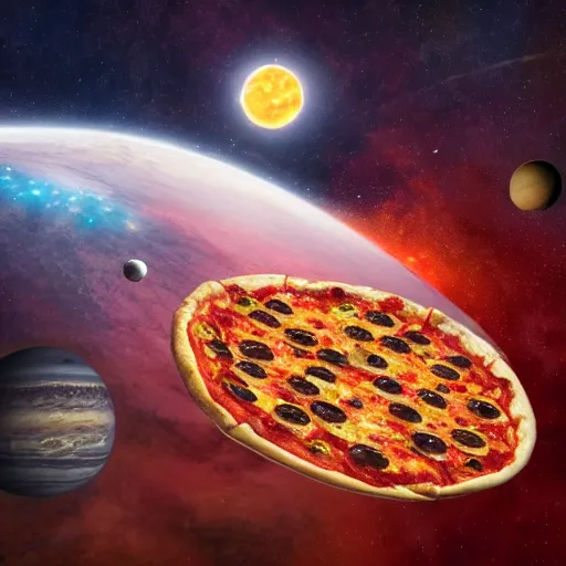 Image similar to the entire beautiful solar system with pizza instead of planets, artstation, hyperrealistic, digital art, octane render, cinematic lightning, Nvidia omniverse, unreal engine 5, highly detailed, vivid colors