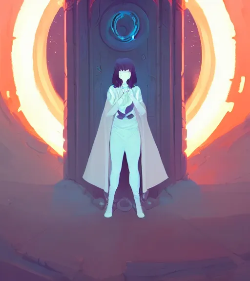 Image similar to portrait of a female mage, d & d, fantasy, standing near a portal by atey ghailan, by greg rutkowski, by greg tocchini, by james gilleard, by joe fenton, by kaethe butcher, dynamic lighting, gradient light blue, brown, blonde cream and white color scheme, grunge aesthetic