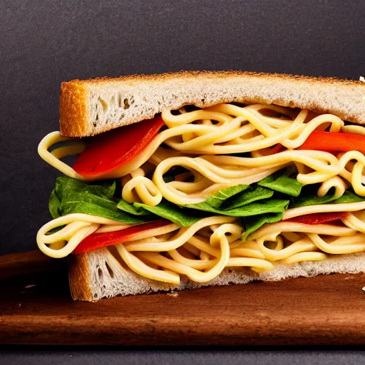 Prompt: a photo of a sandwich of pasta, professional, studio, 4 k