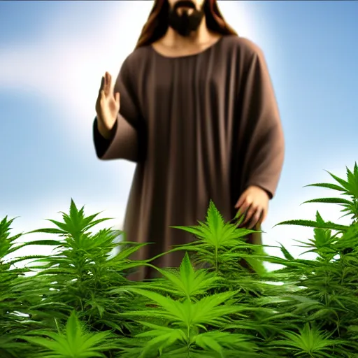 Image similar to jesus spreads his hands against the background of growing cannabis. realistic render