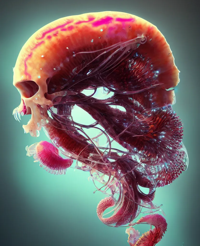 Image similar to goddess close-up portrait animal skull. jellyfish phoenix head, nautilus, orchid, skull, betta fish, bioluminiscent creatures, intricate artwork by Tooth Wu and wlop and beeple. octane render, trending on artstation, greg rutkowski very coherent symmetrical artwork. cinematic, hyper realism, high detail, octane render, 8k