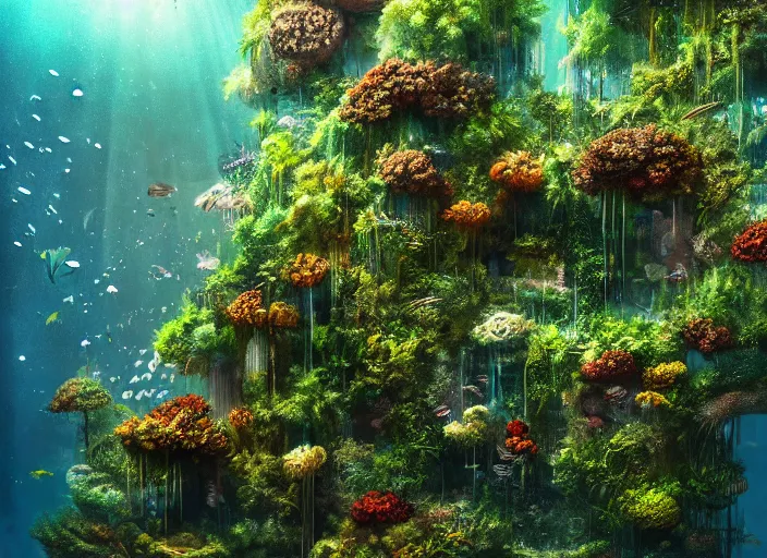 Image similar to overgrown foliage overtaking tall buildings, underwater environment, storefronts, coral, scenery, professional, award - winning, trending on artstation, detailed, realistic, beautiful, emotional, shiny, golden, picture