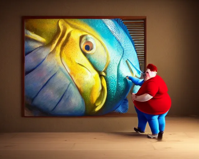 Image similar to an innocent and beautiful scene in hyper realistic style, about an fat old woman painting a huge colorful fish on the wall, lighting from the barred window. shadows. 4 k. wide angle. wild mood. red mouth, blue eyes. deep focus, lovely scene. ambient occlusion render. unreal engine.