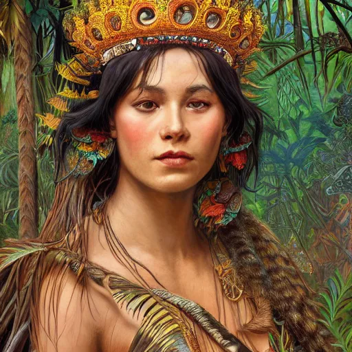 Image similar to portrait of a beautiful alluring female aztec queen in a dense jungle at sunset, detailed, centered, digital painting, artstation, concept art, donato giancola, alphonse mucha, Joseph Christian Leyendecker, WLOP, Boris Vallejo, Breathtaking, 8k resolution, extremely detailed, beautiful, establishing shot, artistic, hyperrealistic, beautiful face, octane render