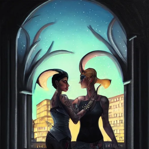 Prompt: short - haired tattooed heroic stoic handsome muscular blonde butch tomboy woman engineer standing beside dark fae feathered gothic jennifer connelly standing together on a balcony at night, in love, rocket factory in background, highly detailed, trending on art station, oil painting