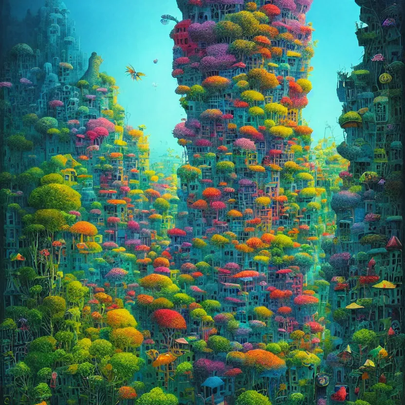 Prompt: surreal glimpse into other universe, mahanakorn tower, summer morning, very coherent and colorful high contrast, art by!!!! gediminas pranckevicius!!!!, geof darrow, floralpunk screen printing woodblock, dark shadows, hard lighting, stipple brush technique,