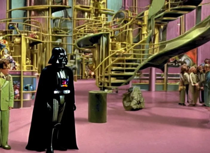 Prompt: film still of Darthvader in Willy Wonka's and the Chocolate Factory 1971