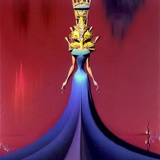 Prompt: an oil painting of a queen in a thierry mugler dress sitting on a throne, by bruce pennington, by eyvind earle, nicholas roerich, by frank frazetta, by georgia o keeffe, by dean cornwell, highly detailed, contest winner, eerie, ominous, tonalism, jewels, rich baghdad, oriental, desaturated, anime