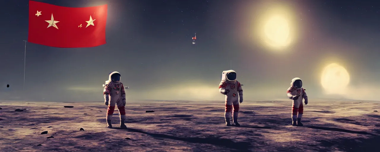 Image similar to a lonely red cosmonaut holding vietnam flag, standing on the moon spaceship in the background, wide angle cinematic composition, concept art by greg rutkowski, octane render