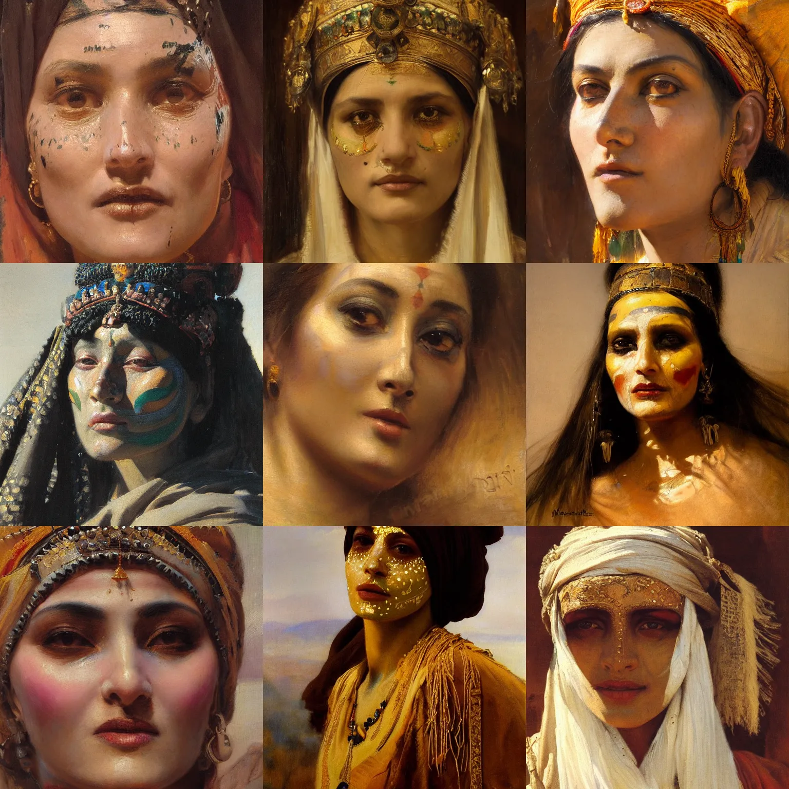 Prompt: orientalism face detail of a desert priestess with ritual facepaint by theodore ralli and nasreddine dinet and anders zorn and nikolay makovsky and edwin longsden long, oil on canvas, masterful intricate artwork, excellent lighting, high detail 8 k