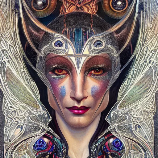 Image similar to beautiful closeup portrait of an art deco witch, glowing eyes. reflective detailed textures, moth wings, highly detailed dark fantasy science fiction painting by donato giancola and diego rivera, elaborate geometric ornament, ancient runes, silver and cool colors. artstation