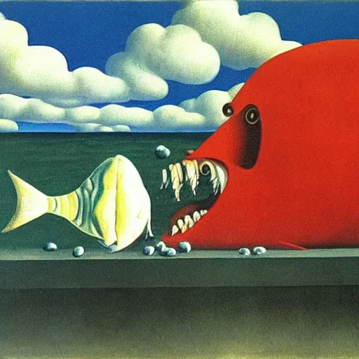 Prompt: a monster eating a fish, oil painting by Rene Magritte