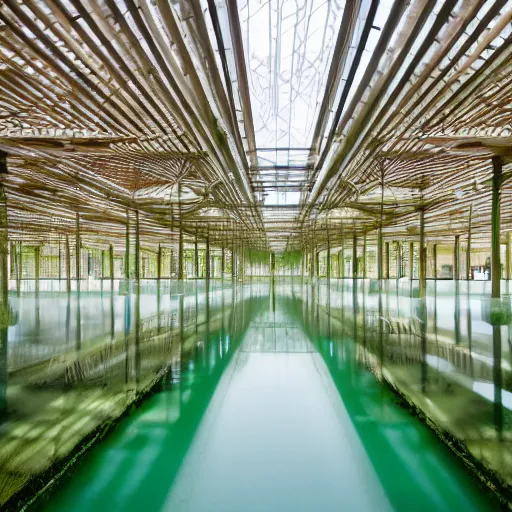 Prompt: professional photgraphy of a museum flooded with green water, water plants and lillies, wooden piers inside, great architecture by renzo piano, ambient light