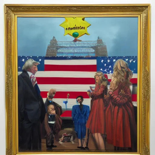 Prompt: oil on canvas portrayal of hypernormalization in America, surreal