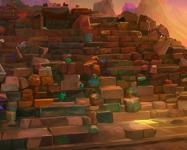 Prompt: screenshot of a chest full of ingots and gems and precious in a ps 5 videogame, concept art, architecture design, pyramids style, rtx, nvidia, renderer, stunning graphics