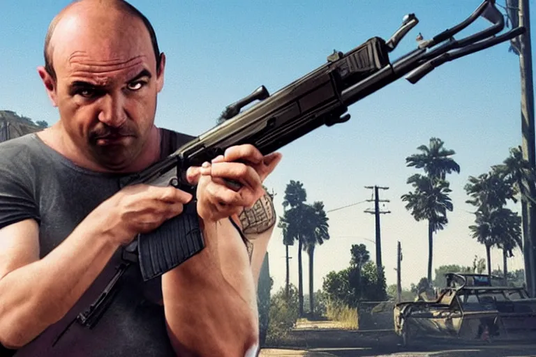 Prompt: a real life trevor from gta 5 with an ak47 gun