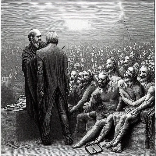 Image similar to steve jobs breaks the tablets of the law by gustave dore.