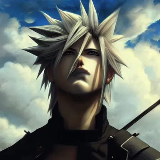 Prompt: thundercloud with a cloud strife's face on it, face only, no body, trending on artstation, high contrast, highly detailed, epic, 4 k, artstation, greg rutkowski, makoto shinkai, beautiful sky