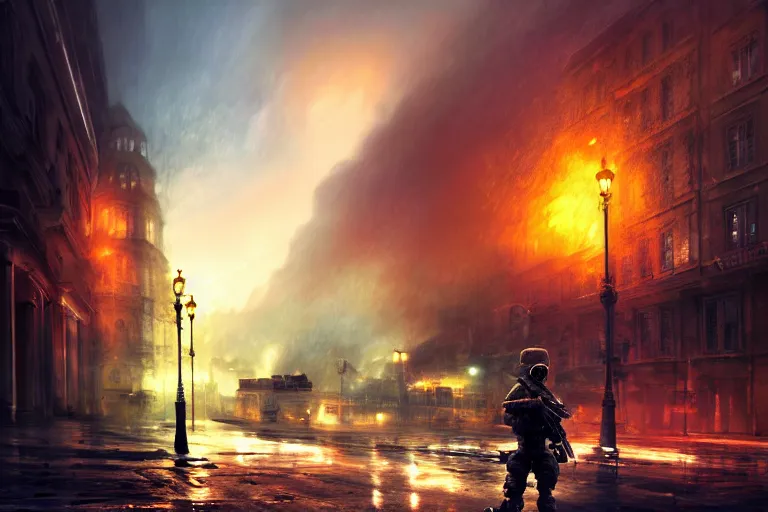 Image similar to battlefield 3, mr bean as protagonist, portrait, outdoors european cityscape, atmospheric lighting, painted, intricate, volumetric lighting, beautiful, daytime, winter, clear weather, mutated wildlife, sharp focus, deep colours, ultra detailed, art by william turner
