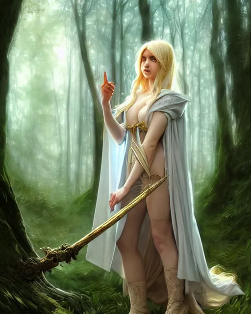 Image similar to blonde young mage casting a spell wearing a heavy cloak and chemise in the forest, fantasy character portrait, ultra realistic, intricate, elegant, highly detailed, digital painting, artstaion, smooth, sharp, focus, illustration, art by artgerm and greg rutkowski and alphonse mucha