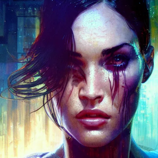 Image similar to megan fox, hyperrealistic portrait, bladerunner street, art of elysium by jeremy mann and alphonse mucha, fantasy art, photo realistic, dynamic lighting, artstation, poster, volumetric lighting, very detailed face, 4 k, award winning