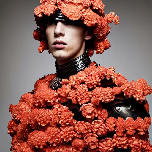 Prompt: a portrait of a beautiful young male wearing an alexander mcqueen armor made of coral , photographed by andrew thomas huang, artistic