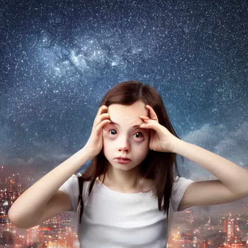 Image similar to dark haired girl looks into the sky unamused, hyperrealistic, 8k, starry sky