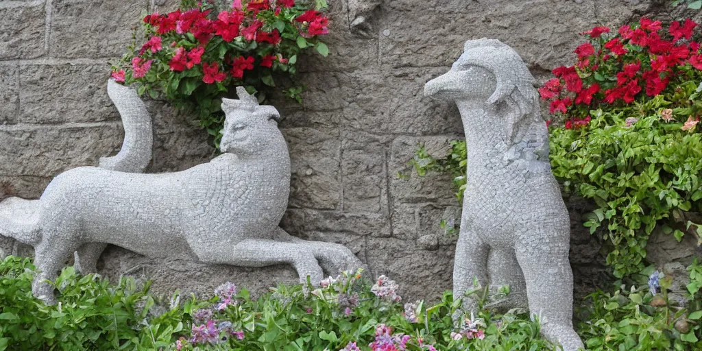 Image similar to extremely detailed carved concrete statue, pebble mosaic, of a griffin, in an english cottage style flower garden