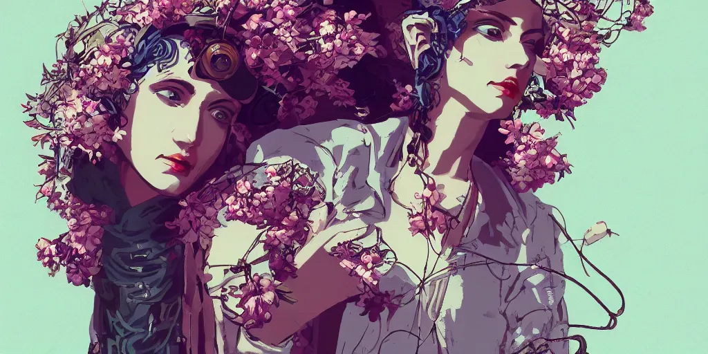 Prompt: cyberpunk girl, vintage style, wrapped in flowers and wired, by barry lyndon, ultra detailed, high resolution, cinematic