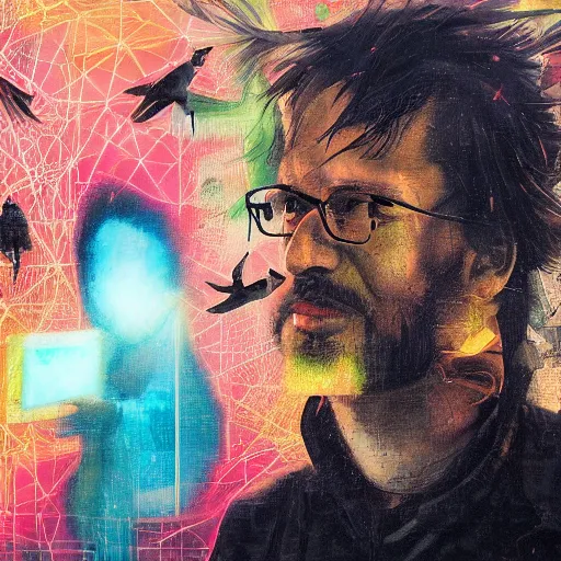 Image similar to a joyful hacker with a subtle beard is surrounded by birds, neon virtual networks, and information visualization, oil on canvas inspired by dave mckean and yoji shinkawa