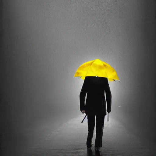 Image similar to A dramatic portrait painting of a man wearing yellow rain coat , holding red umbrella , walking in a black and white street . Cinematic lighting