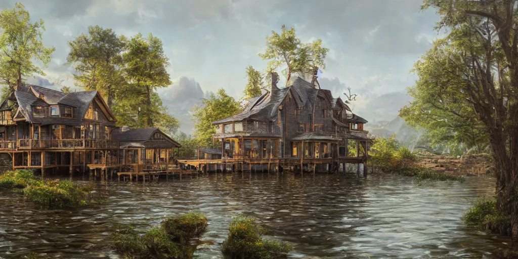 Image similar to an oil painting of a lakehouse, masterpiece, highly detailed, high quality, 4 k, anatomically correct, hyperrealistic, concept art, octane render, unreal engine 5, trending on artstation, trending on deviantart, matte, historical painting, fantasy style, path traced, high coherence, soft lighting, digital painting, mythical