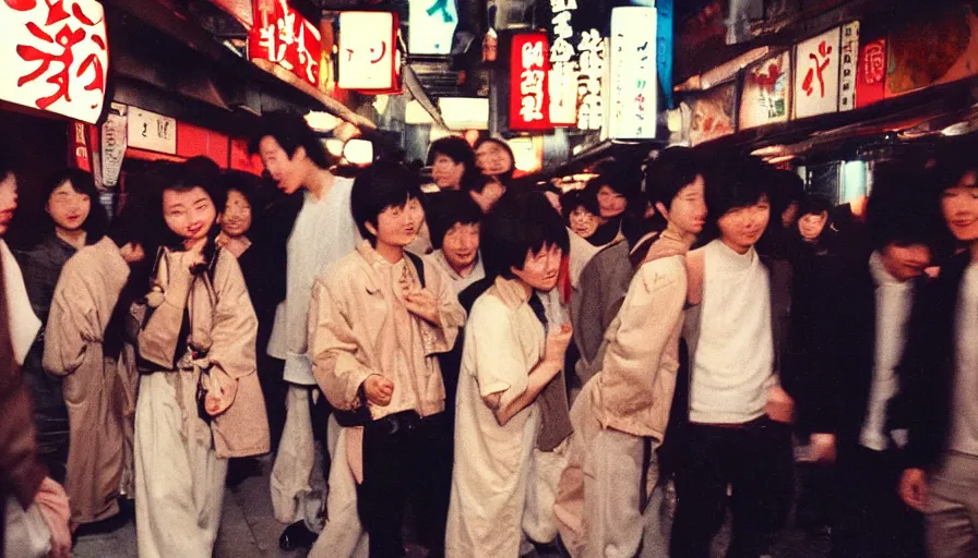 Prompt: masterful photography by haruto hoshi and yang seung woo and saul leiter, young people enjoying night life in kabuki cho japan in the 1 9 9 0 s, film grain, full color, shot on kodak gold with a canon 3 5 mm lens aperture f / 5. 6, hyperrealistic