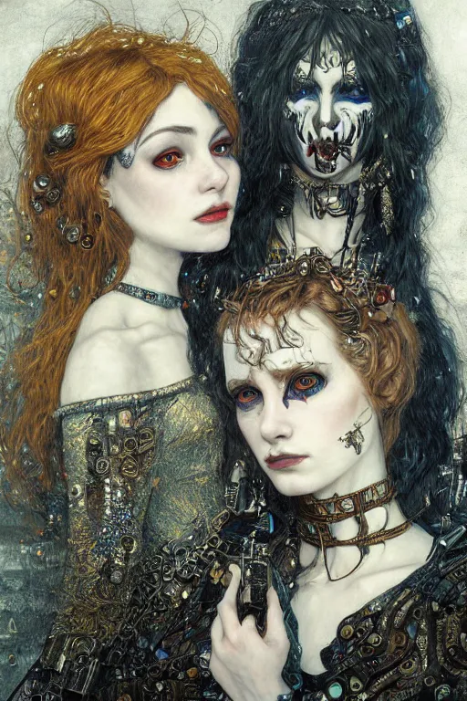 Prompt: portrait of two beautiful young gothic maidens, cyberpunk, Warhammer, kiss, highly detailed, artstation, illustration, art by Gustav Klimt