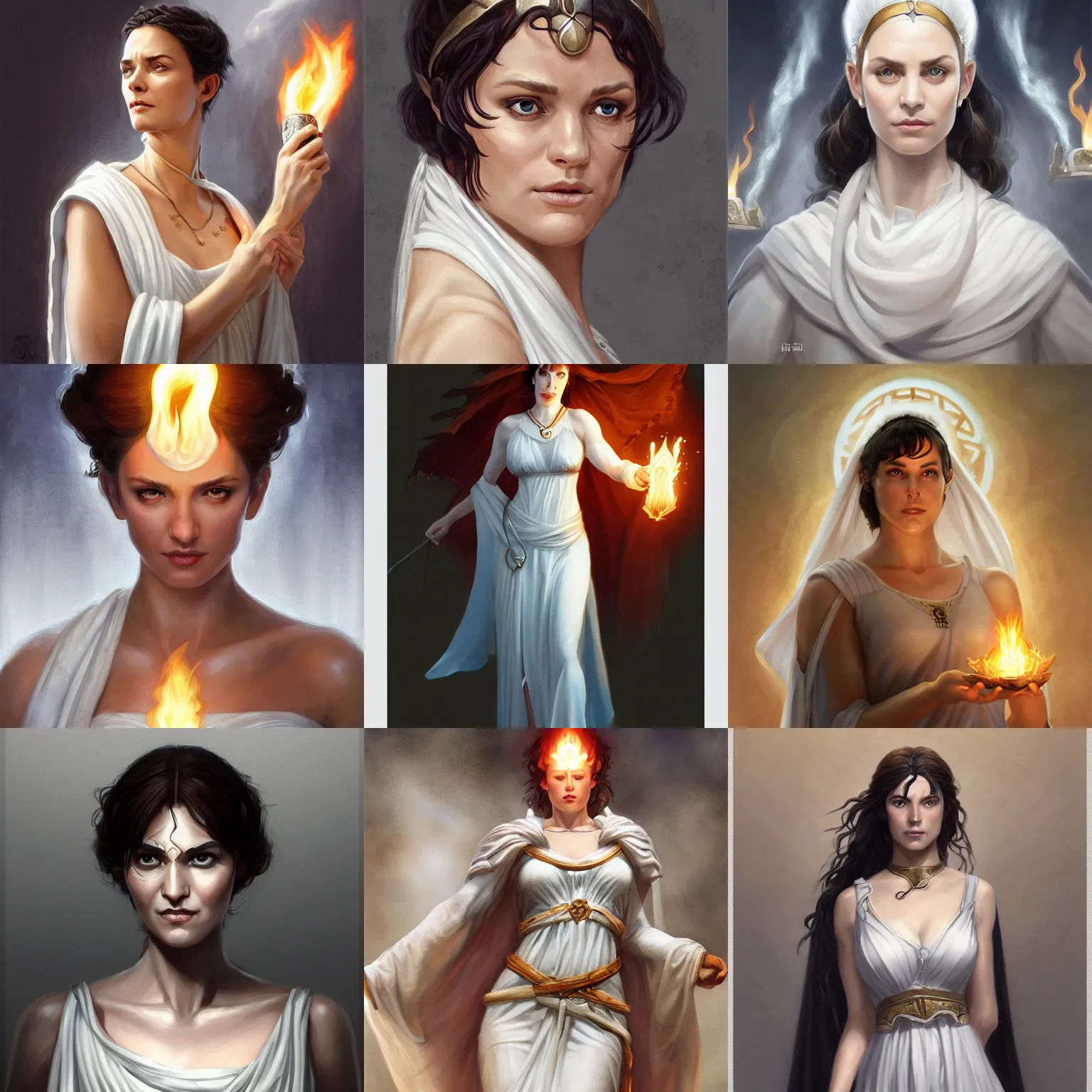 Image similar to hestia, helen mcrory, old greek goddess, white tunic, sacred flame, d & d, fantasy, portrait, highly detailed, digital painting, trending on artstation, concept art, sharp focus, illustration, art by artgerm and greg rutkowski and magali villeneuve