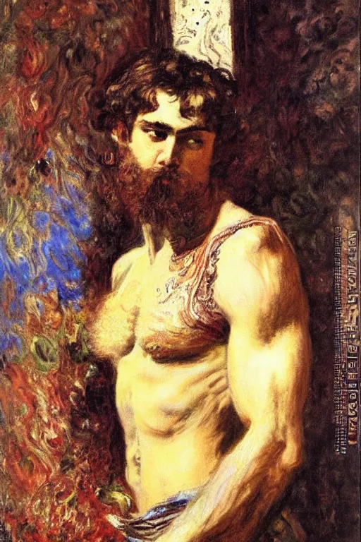 Prompt: attractive male, painting by gustave moreau, j. c. leyendecker, claude monet