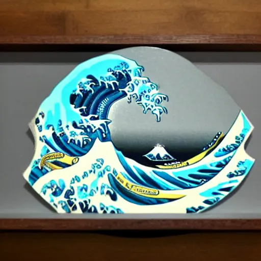 Prompt: a diorama of a wave on a table in the style of The Great Wave off Kanagawa