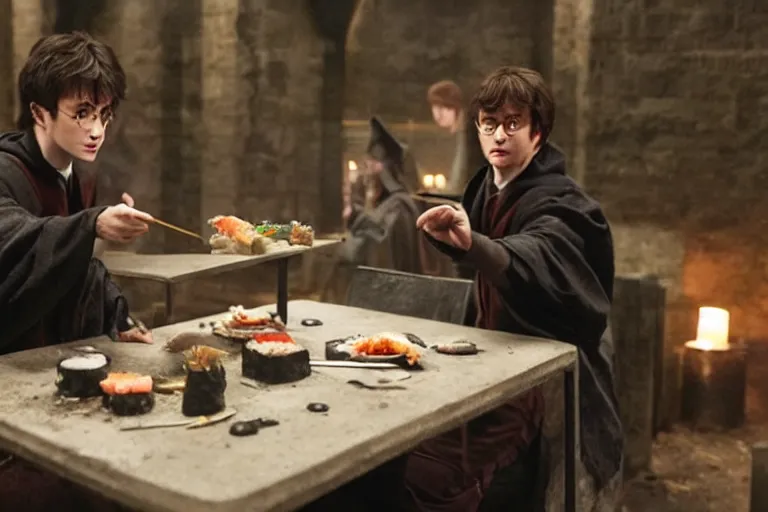 Image similar to Harry potter film, a scene where Harry Potter eating in a Concrete wall basement, Sushi is placed on a small aluminum table placed in the center, Dark cinematic color tones.