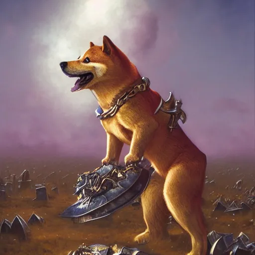 Image similar to anthropomorphic shiba inu, wearing gold armor, standing on pile of skulls, graveyard of skulls, fantasy 3 d render, masterpiece, glowing red light aura, by donato giancola and greg rutkowski and wayne barlow and zdzisław beksinski, realistic face