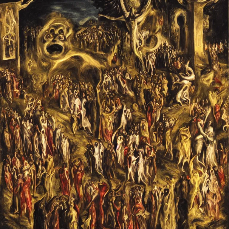 Prompt: A Holy Week procession of souls in a lush Spanish village at night. A figure at the front holds a cross, trending on artstation, highly detailed, 50mm, by El Greco, Remedios Varo y Salvador Dali.