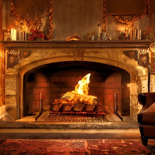 Image similar to renaissance style fireplace, fire burning, cozy lounge ambiance, low lightning, room is lit by the fire, 4 k, hyper realistic photography