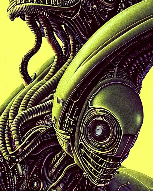 Image similar to alien, character portrait, portrait, close up, concept art, intricate details, highly detailed, vintage sci - fi poster, retro future, vintage sci - fi art, in the style of chris foss, rodger dean, moebius, michael whelan, and gustave dore