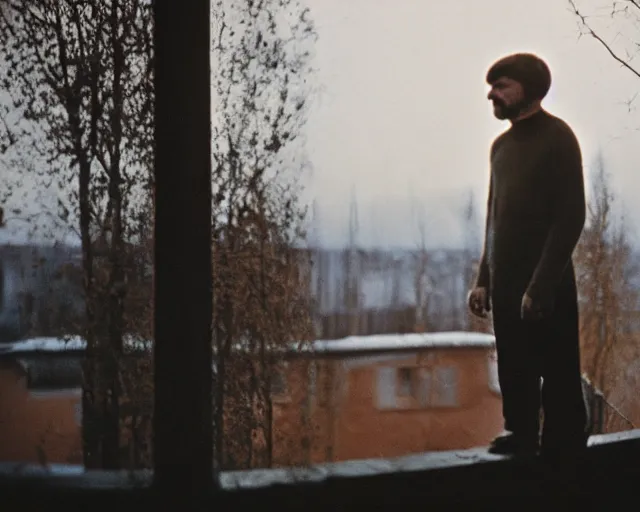 Image similar to award - winning lomographic tarkovsky film still of 4 0 years russian man with beard and sweater standing on small hrushevka 9 th floor balcony in taiga looking at sunset, cinestill, bokeh