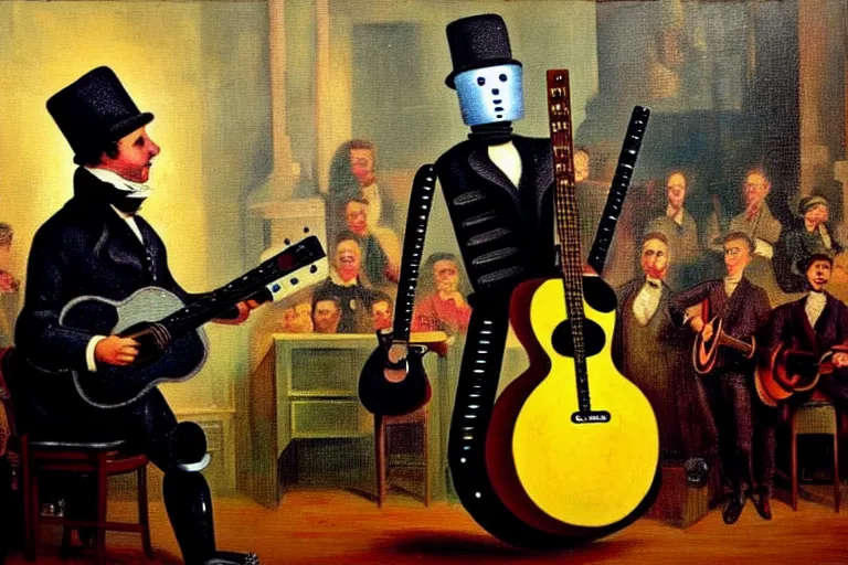 Image similar to a guitar player as a robot performing for a crowd in victorian era london, painting