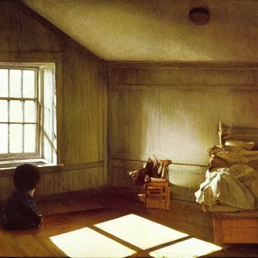 Prompt: upstairs bedroom, light streaming in from window illuminating child's toy, Andrew Wyeth