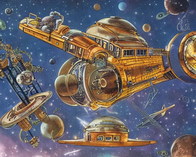 Prompt: Space with steampunk train in space, by michelangelo