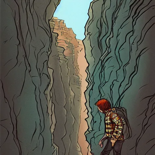 Image similar to a drawing of a person standing in a canyon, an album cover by alson s. clark, tumblr contest winner, underground comix, concert poster, official art, poster art